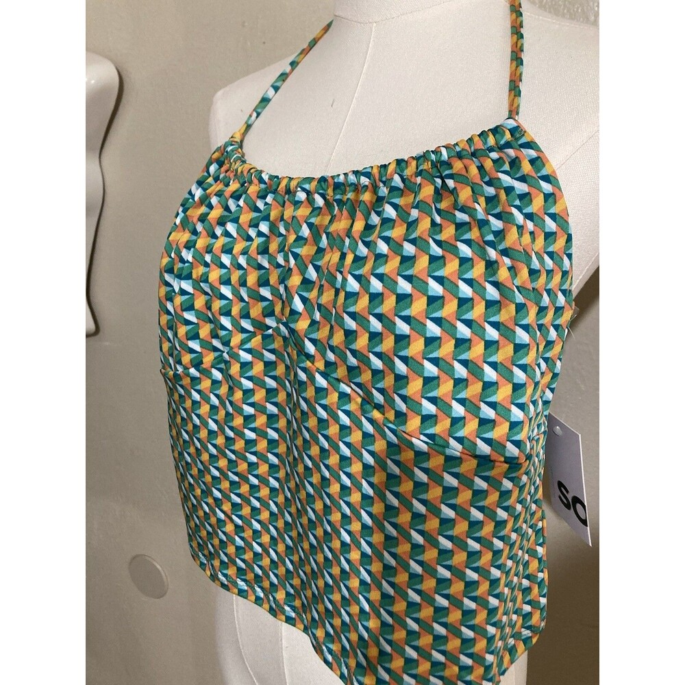 SO Size Top XL HALTER CROP Geo Print TANK GREEN NWT Summer Top